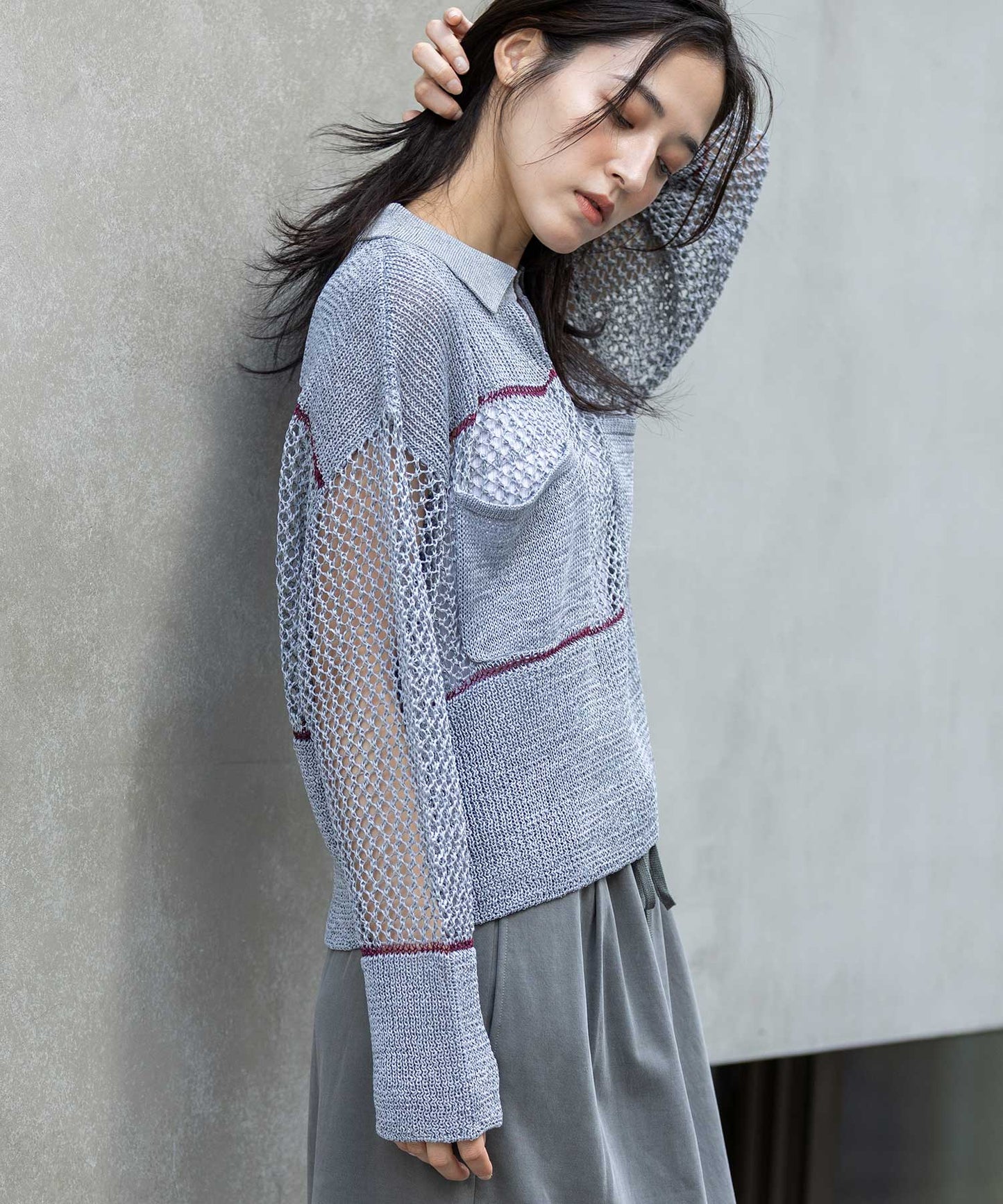 リブ編み×スカシ編みポロニット