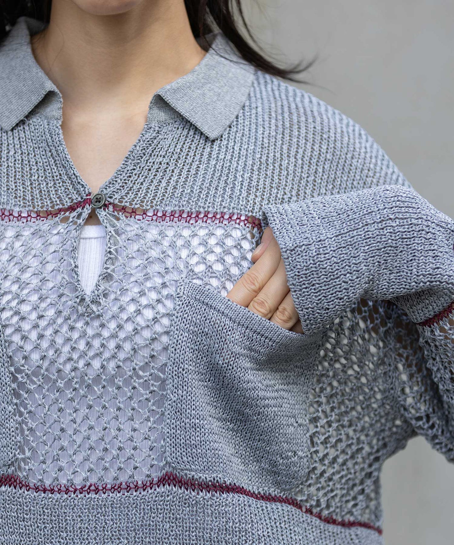 リブ編み×スカシ編みポロニット