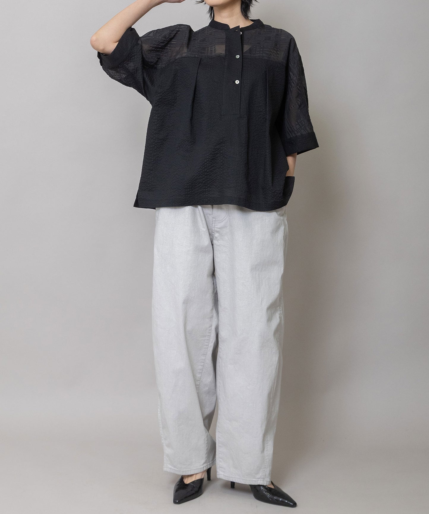 シアージャガードチェック×シワ加工ローンプルオーバーシャツ