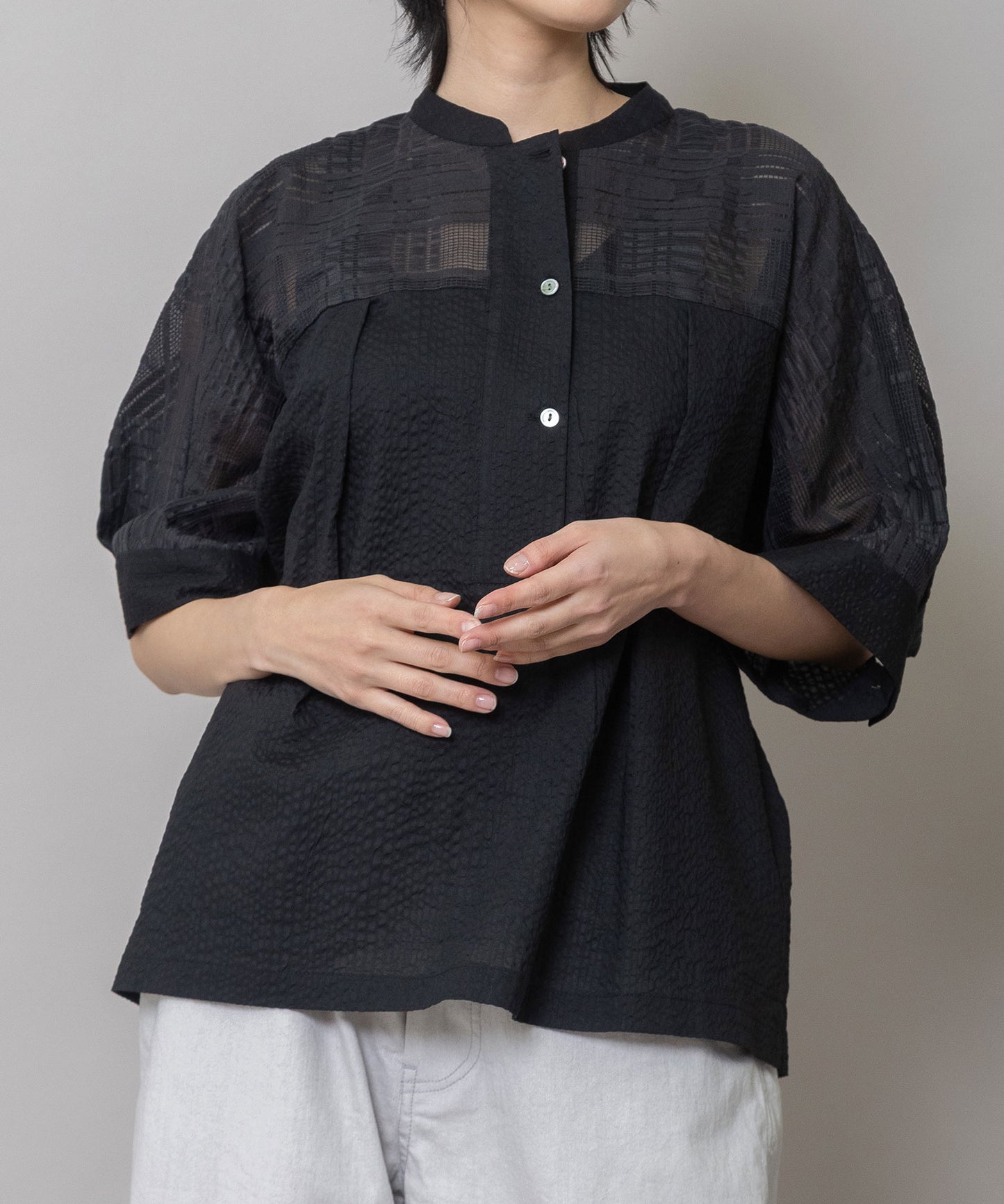 シアージャガードチェック×シワ加工ローンプルオーバーシャツ