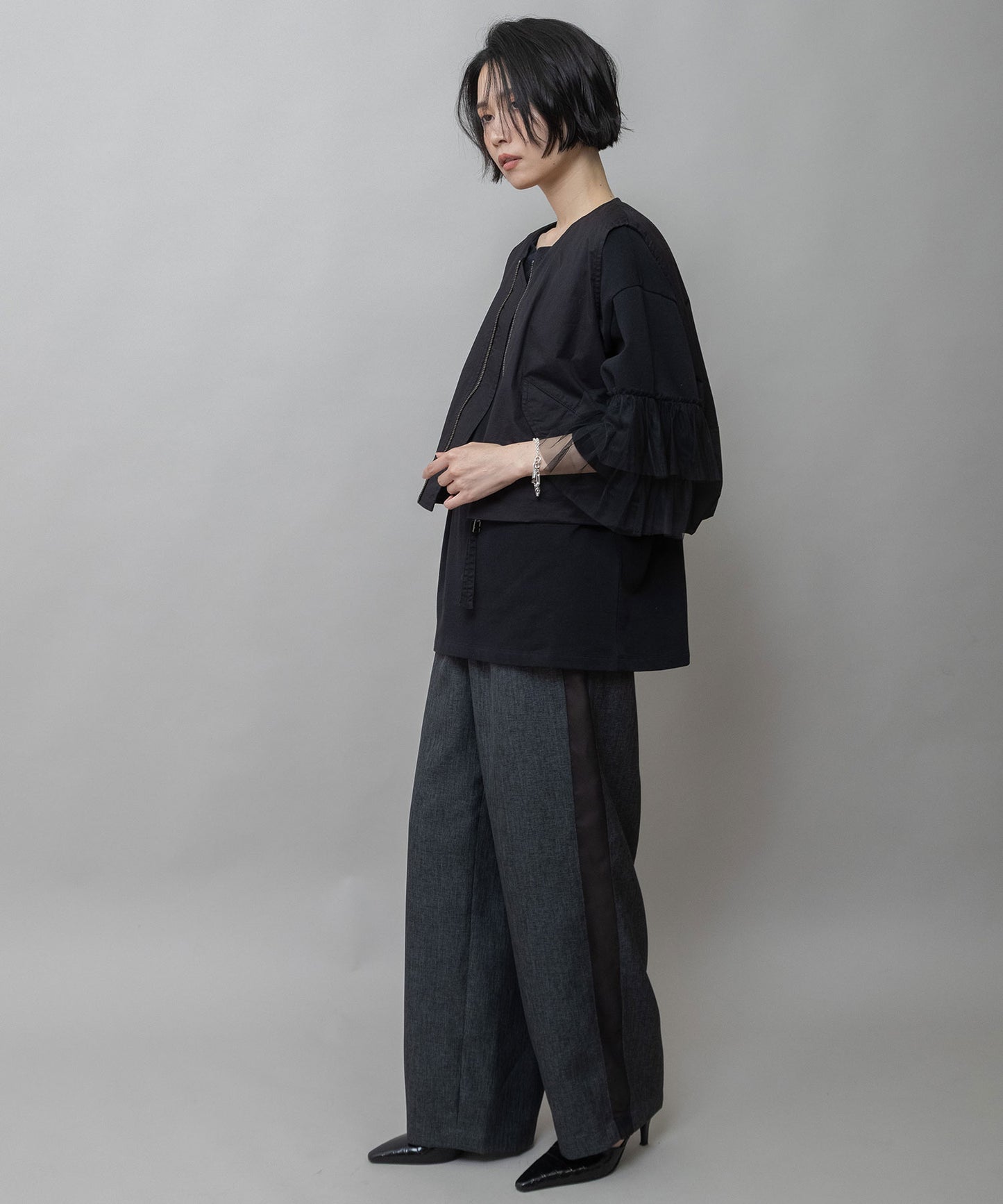 【ウォッシャブル】【防シワ】ツイード調ツイル×メッシュサイドストライプパンツ