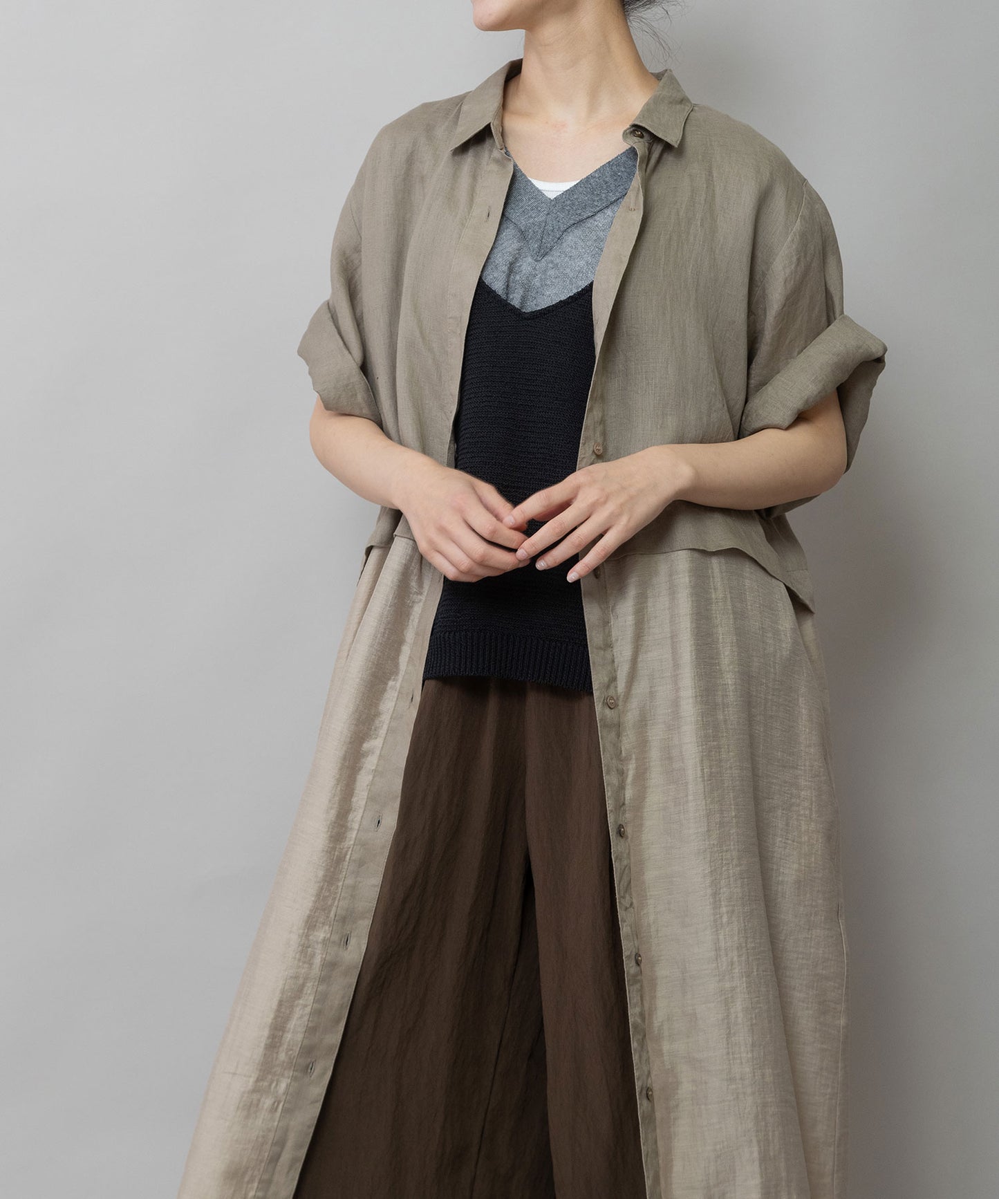 【吸水性】【発散性】60sフレンチリネン×シアーローンドッキングシャツワンピース