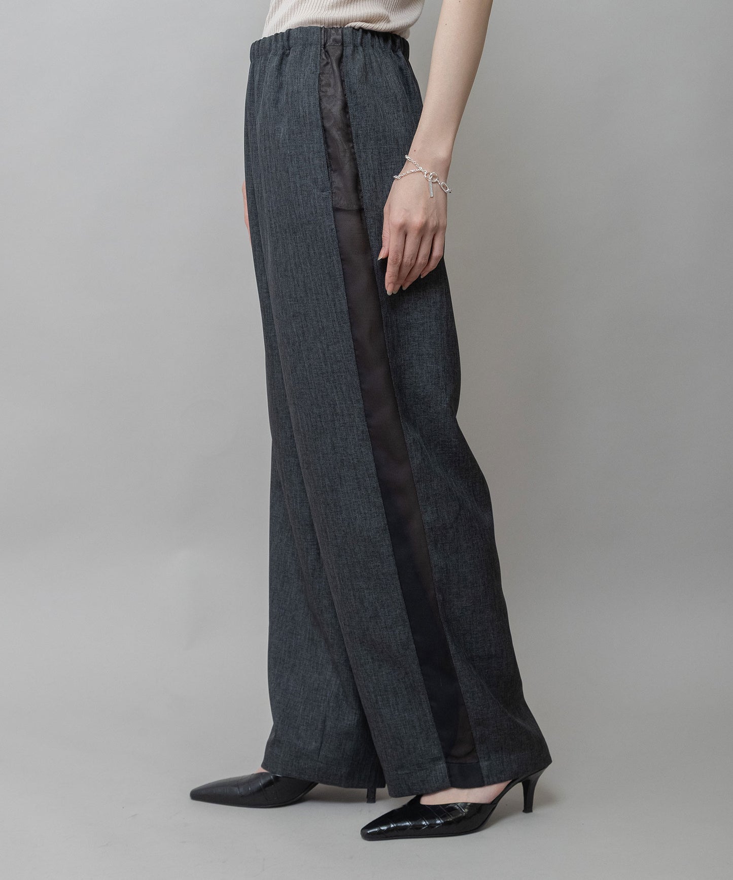 【ウォッシャブル】【防シワ】ツイード調ツイル×メッシュサイドストライプパンツ