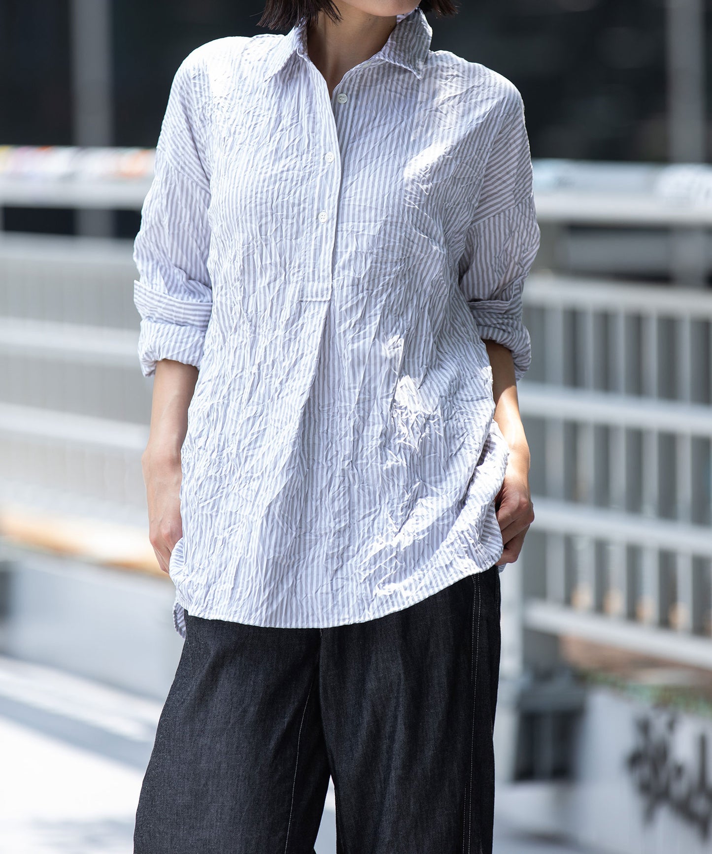 ワッシャーブロード＆ストライププルオーバーシャツ