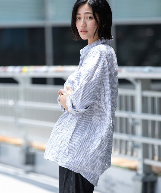 ワッシャーブロード＆ストライププルオーバーシャツ