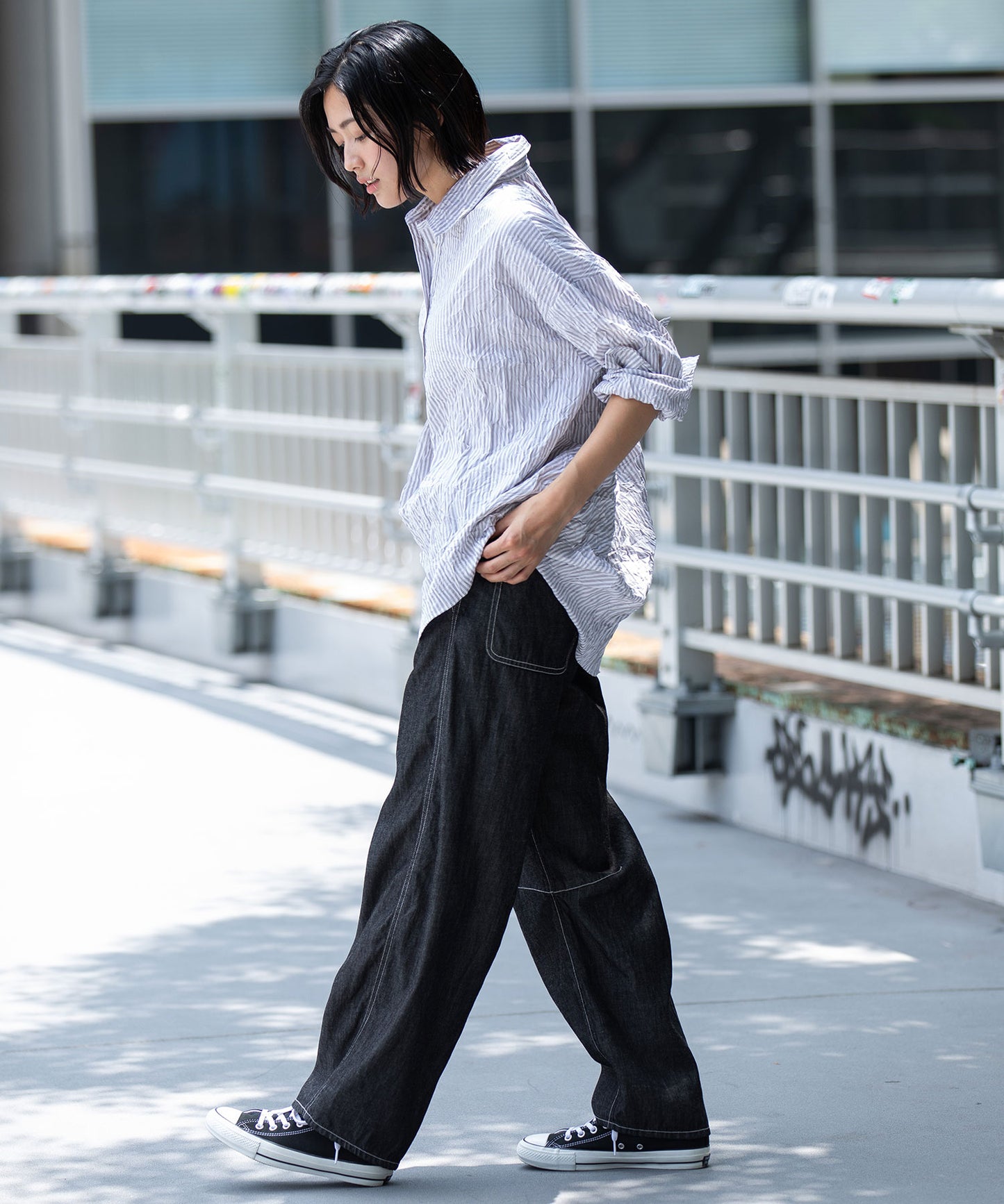 ワッシャーブロード＆ストライププルオーバーシャツ