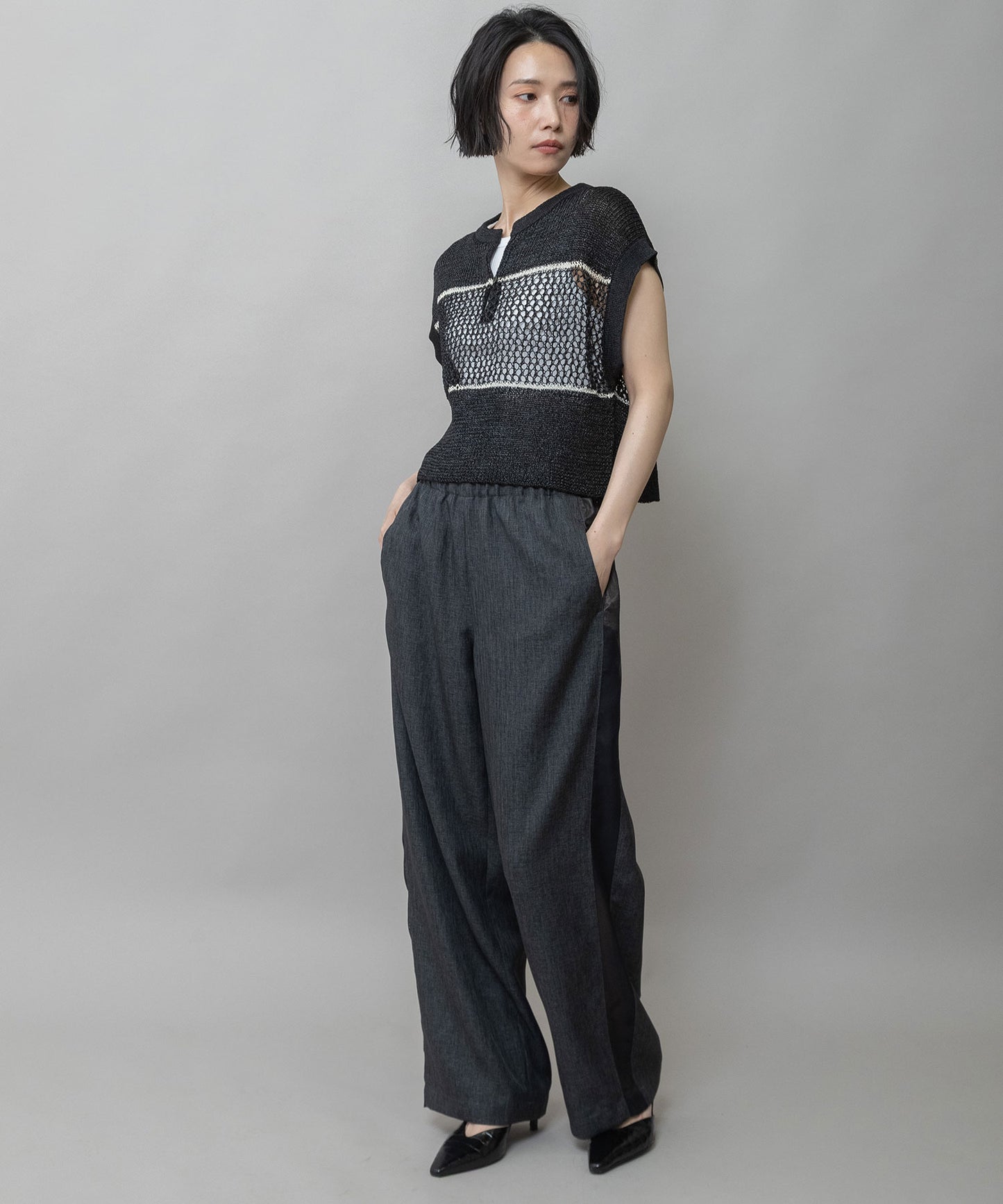 【ウォッシャブル】【防シワ】ツイード調ツイル×メッシュサイドストライプパンツ