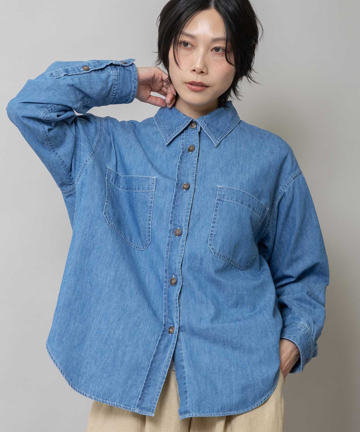 6ozスラブデニムバックコクーンシャツ