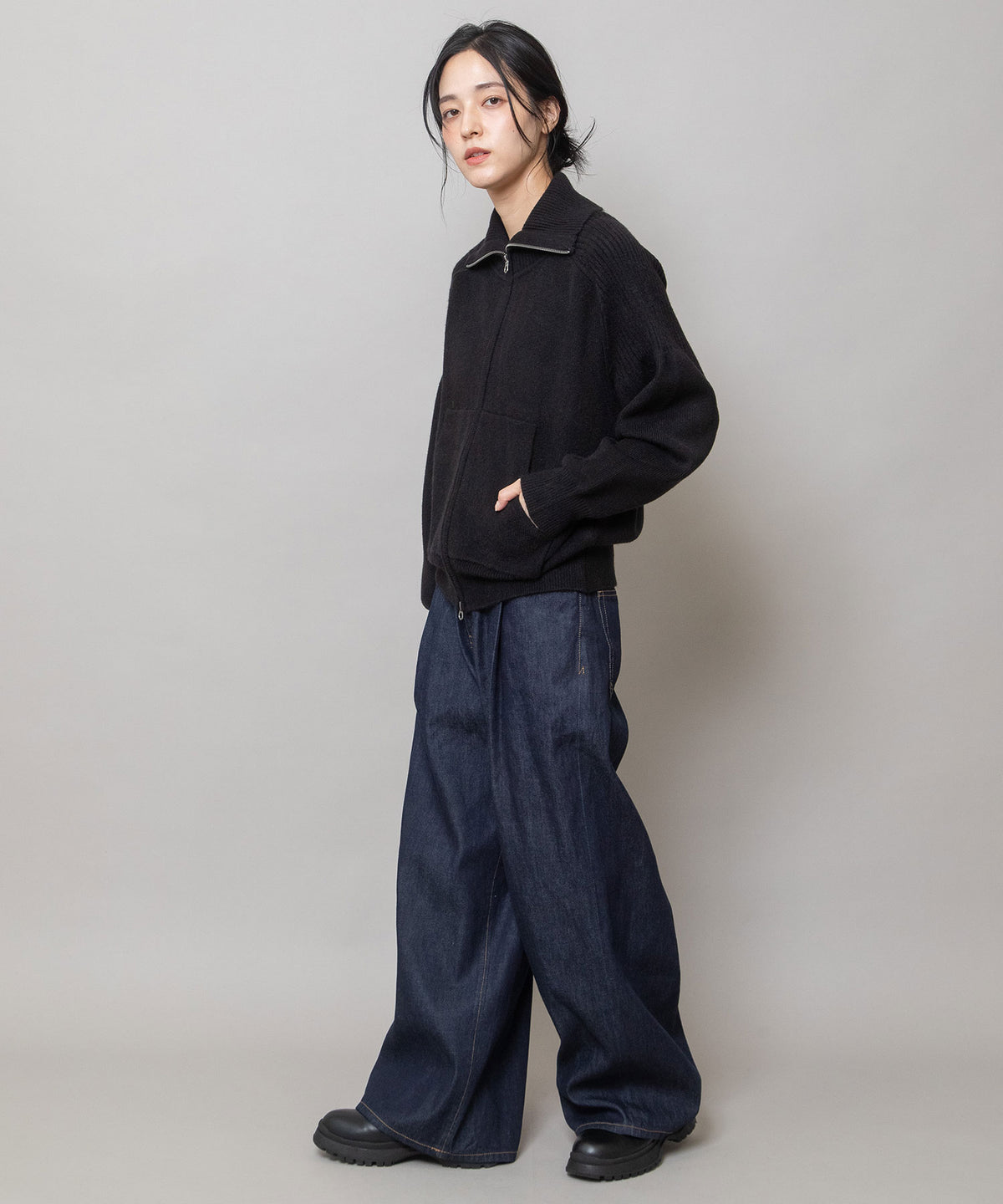 総針編みニット ジップブルゾン