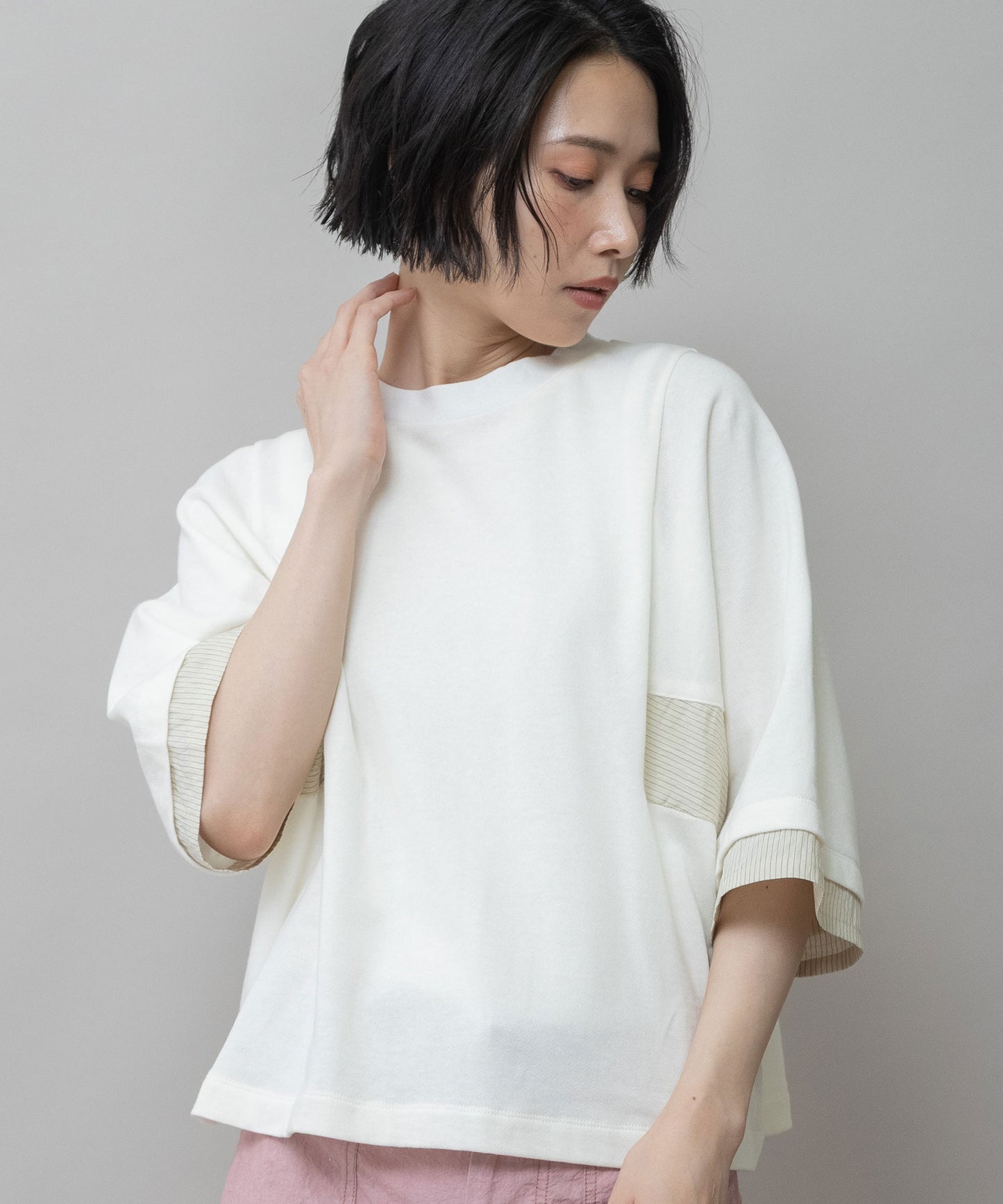 裏毛×ストライプドッキングTシャツ