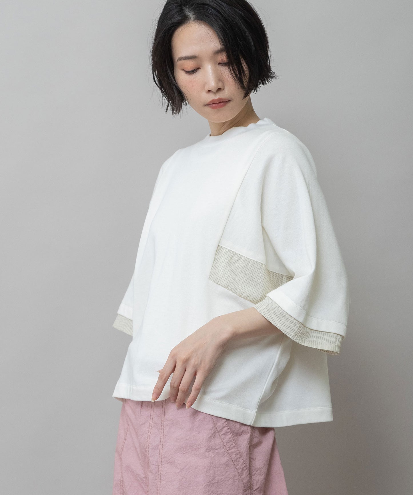 裏毛×ストライプドッキングTシャツ