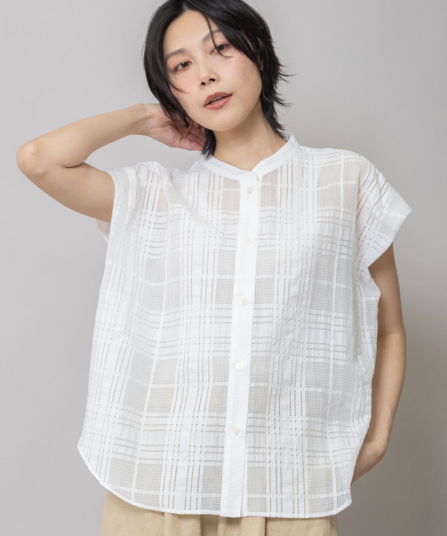 シアージャガードチェック×シワ加工ローンタックスリーブシャツ