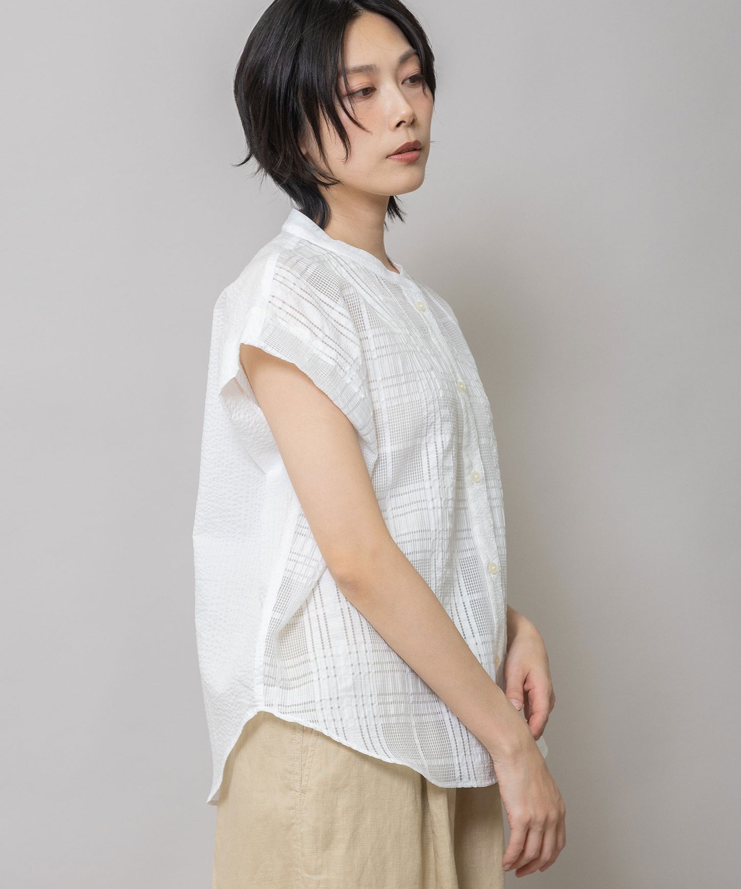 シアージャガードチェック×シワ加工ローンタックスリーブシャツ