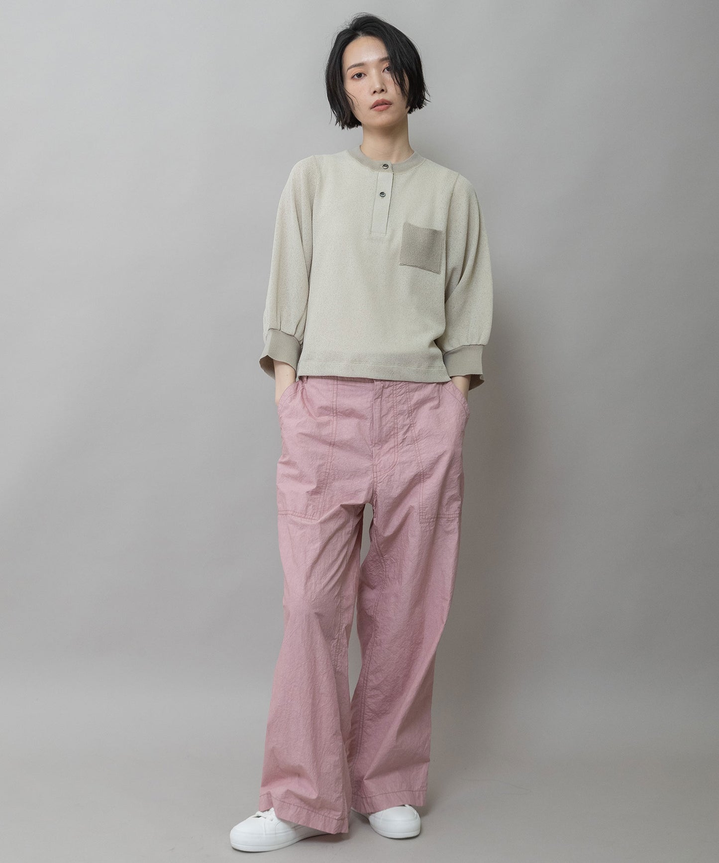 【速乾性】シアーワッフル×ニットリブパフスリーブプルオーバー