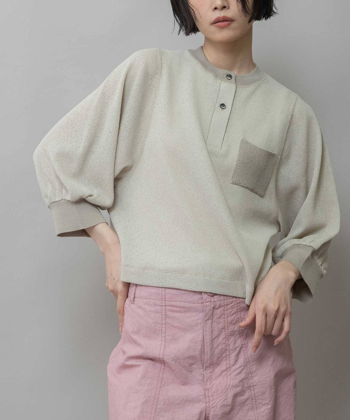 【速乾性】シアーワッフル×ニットリブパフスリーブプルオーバー