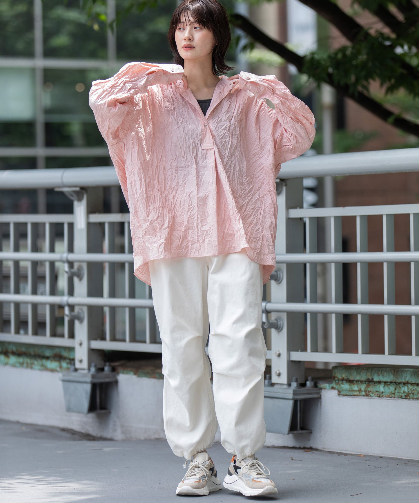 ワッシャーブロード＆ストライププルオーバーシャツ