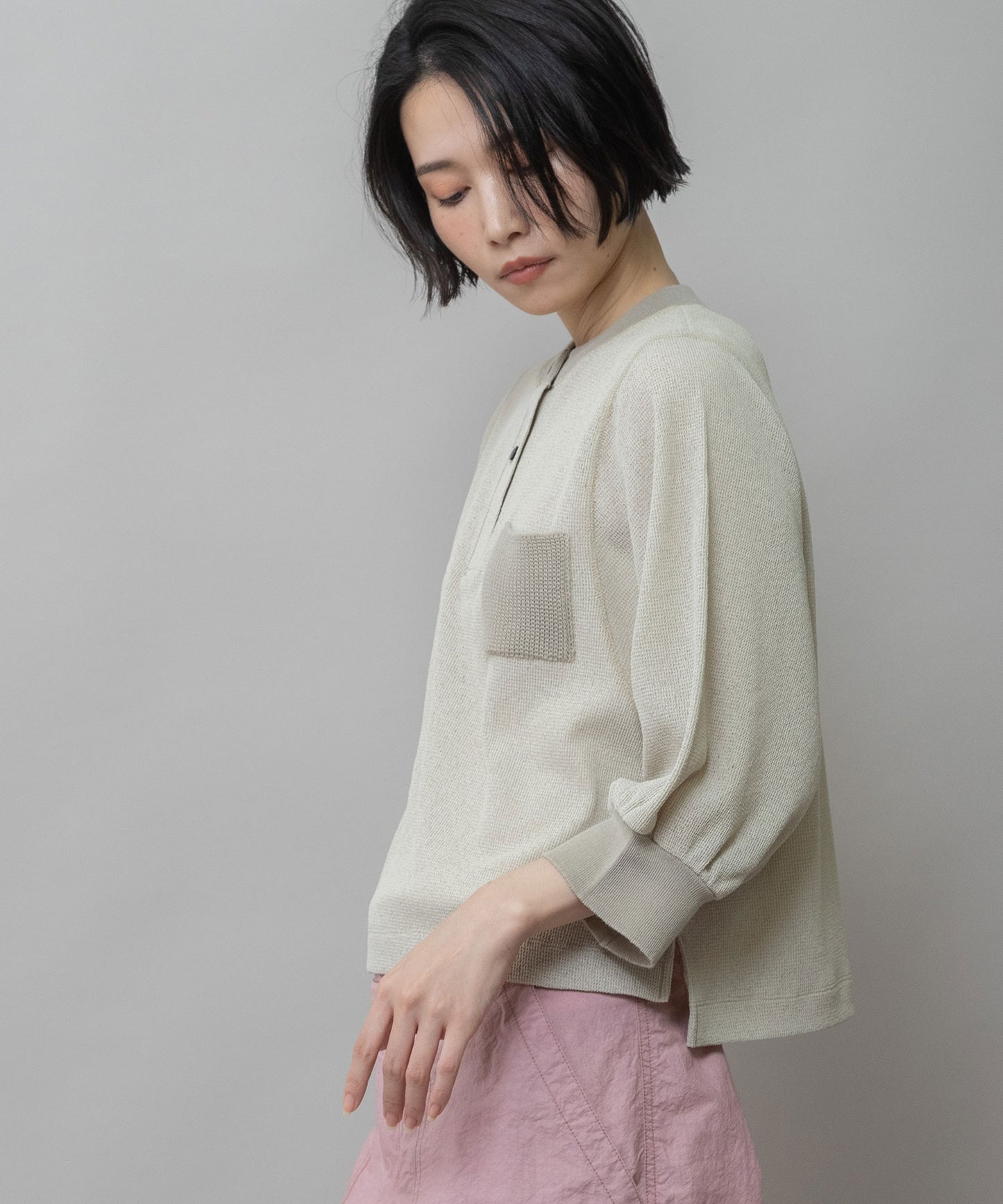 【速乾性】シアーワッフル×ニットリブパフスリーブプルオーバー