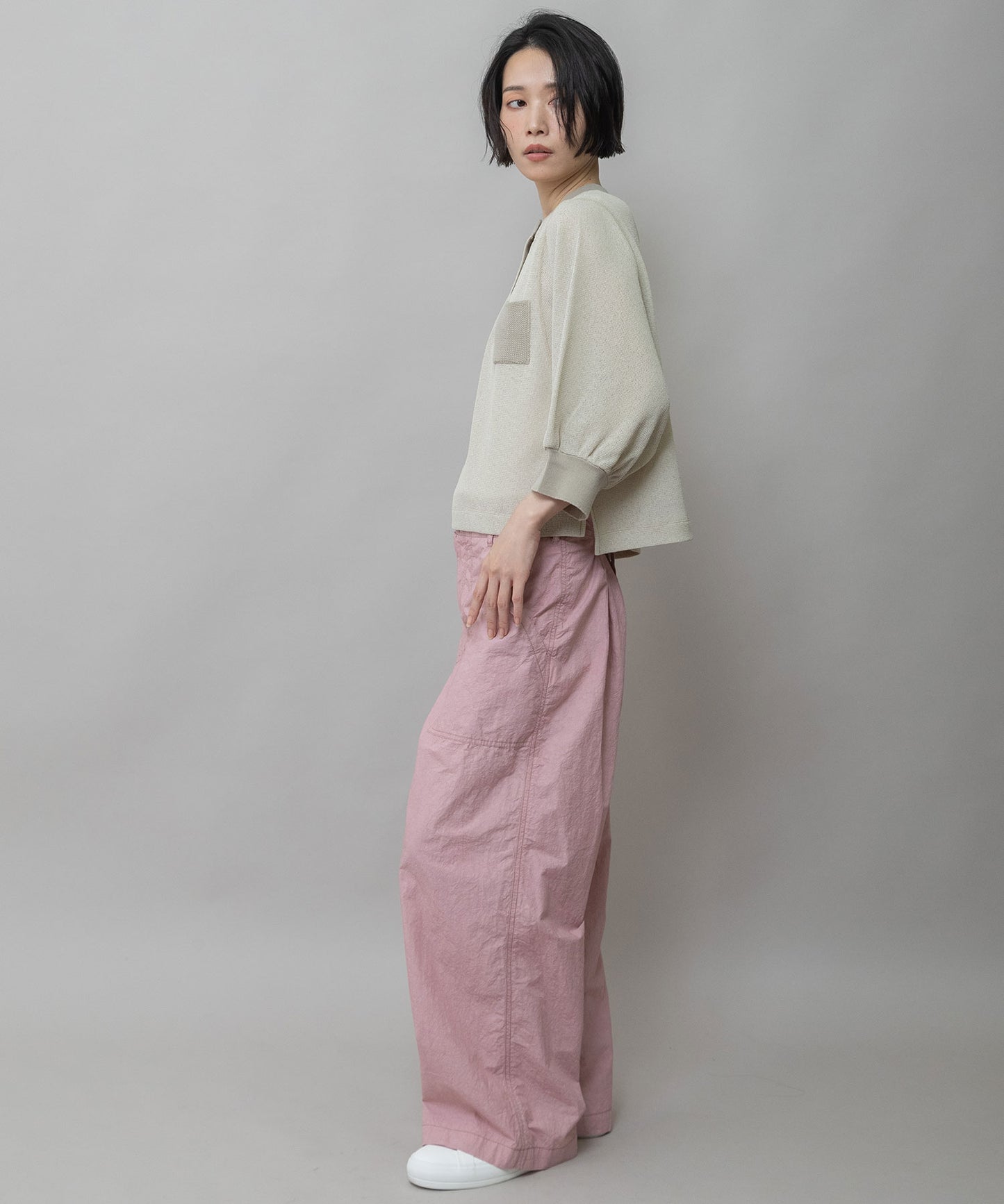 【速乾性】シアーワッフル×ニットリブパフスリーブプルオーバー