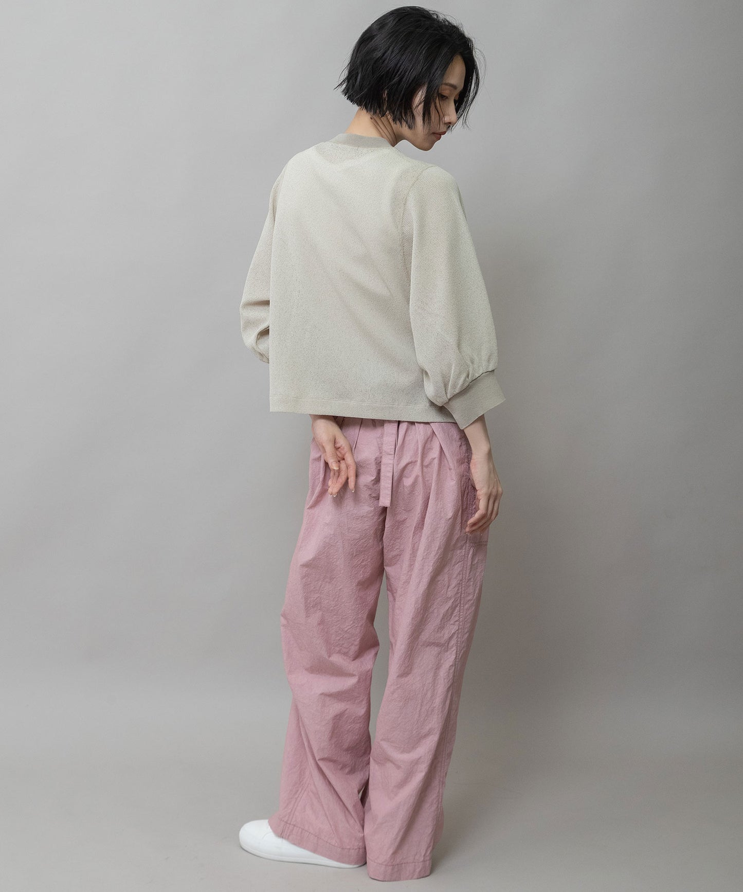 【速乾性】シアーワッフル×ニットリブパフスリーブプルオーバー