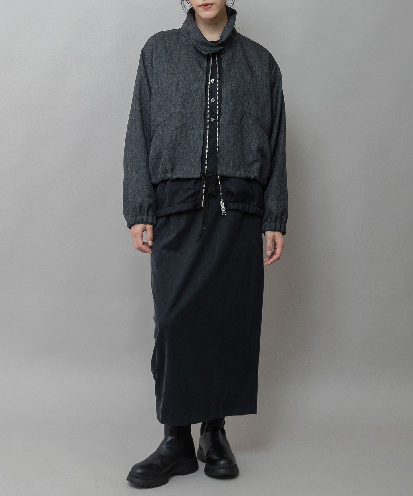 【ウォッシャブル】【防シワ】ツイード調ツイル×メッシュレイヤードジップブルゾン