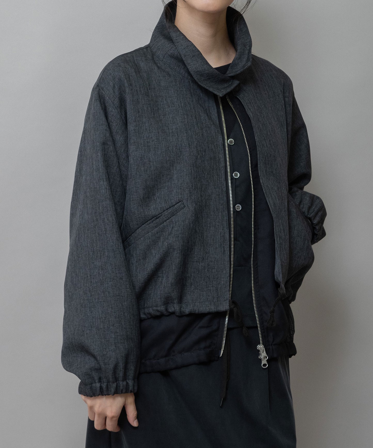 【ウォッシャブル】【防シワ】ツイード調ツイル×メッシュレイヤードジップブルゾン