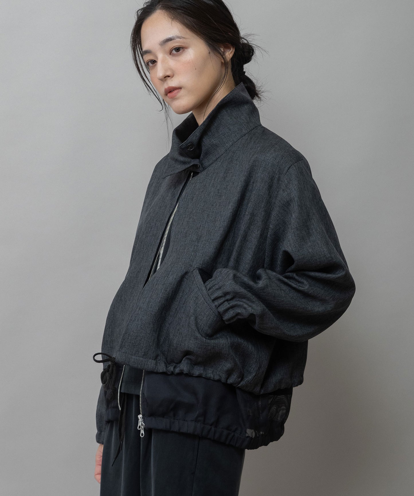 【ウォッシャブル】【防シワ】ツイード調ツイル×メッシュレイヤードジップブルゾン