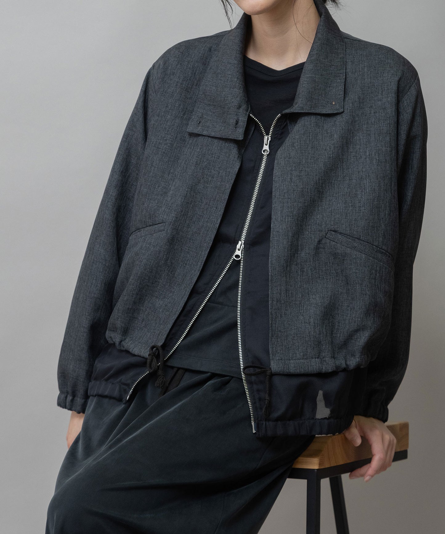 【ウォッシャブル】【防シワ】ツイード調ツイル×メッシュレイヤードジップブルゾン