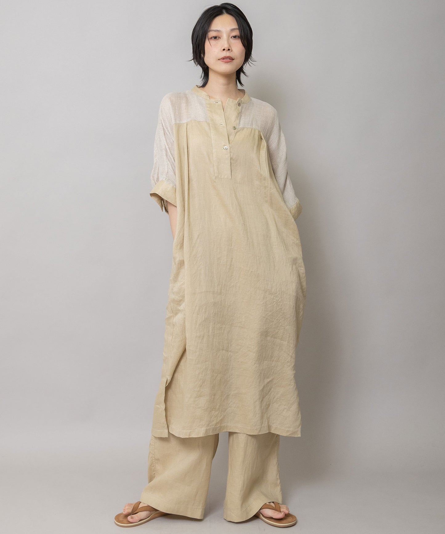 60sリネンキャンバス×40sリネンメッシュシャツワンピース