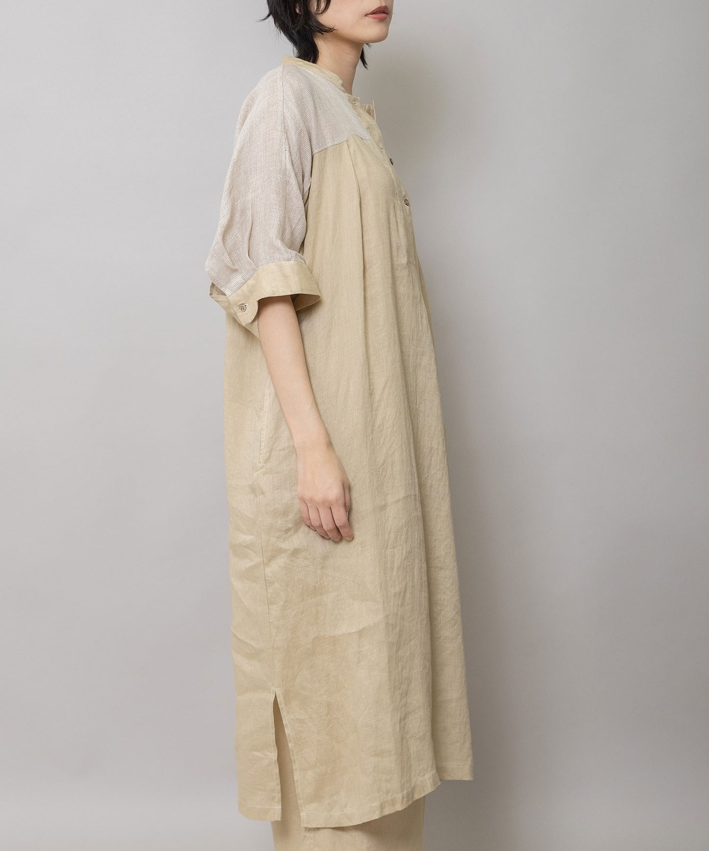 60sリネンキャンバス×40sリネンメッシュシャツワンピース