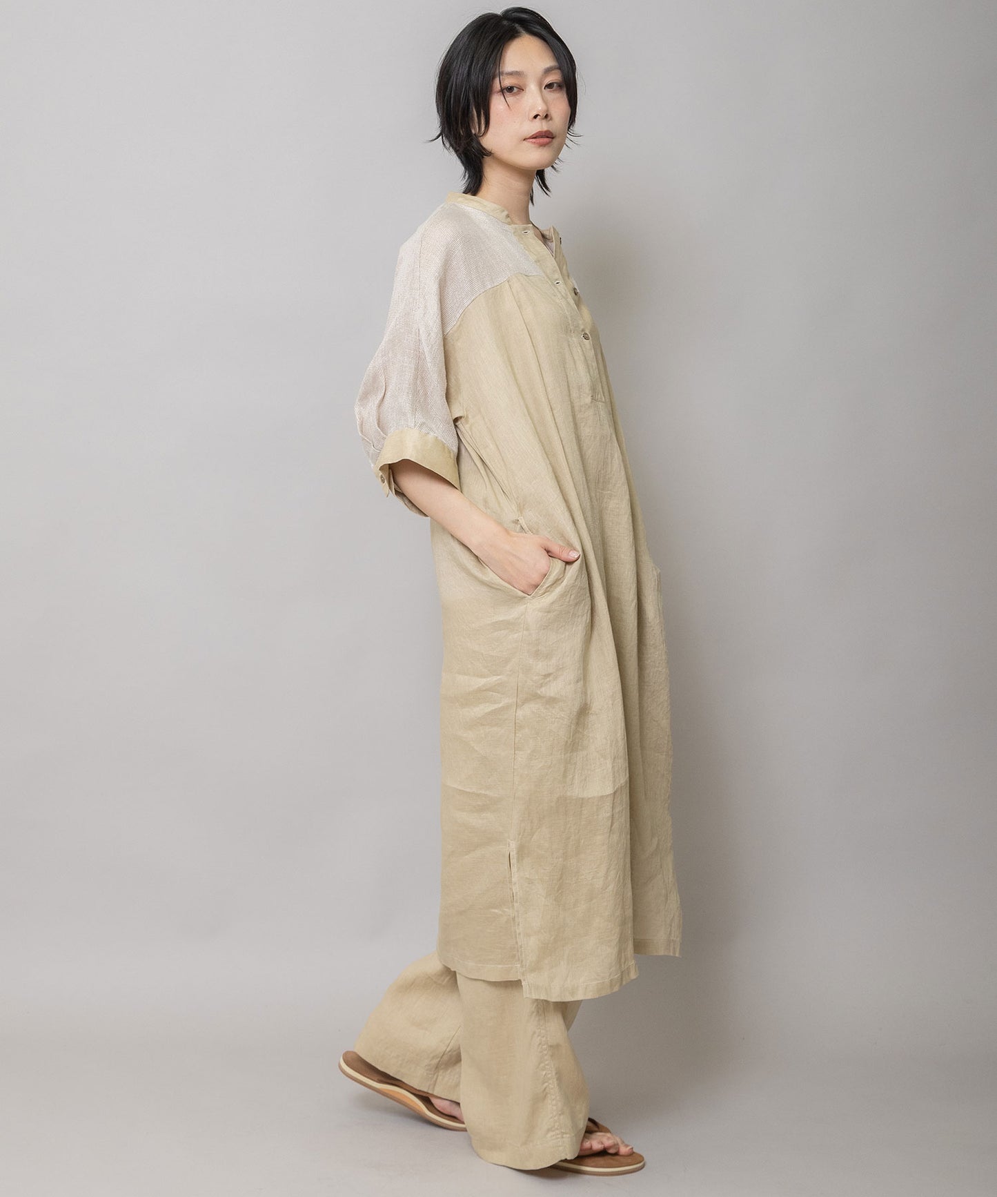 60sリネンキャンバス×40sリネンメッシュシャツワンピース