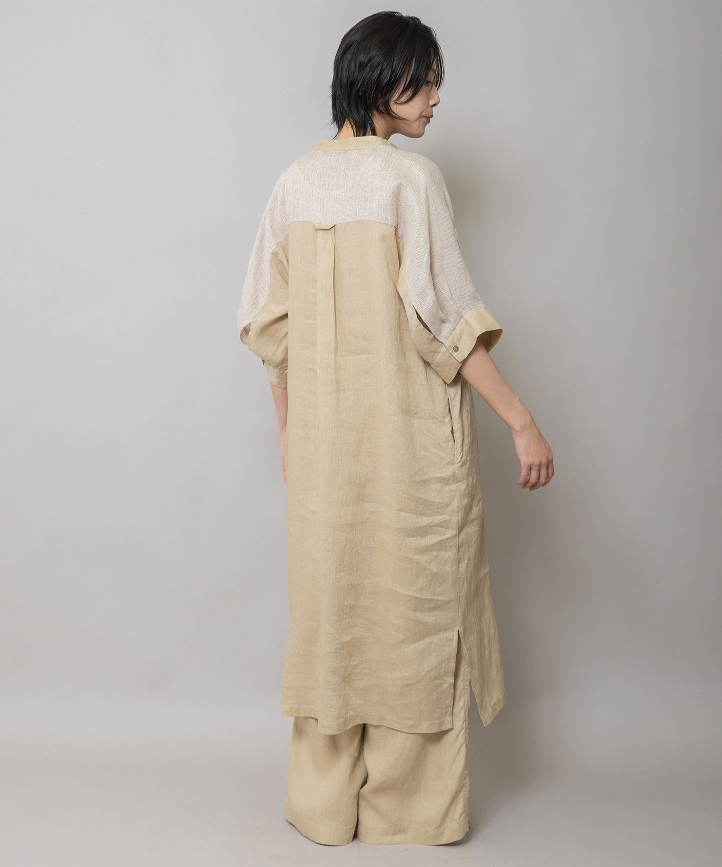 60sリネンキャンバス×40sリネンメッシュシャツワンピース