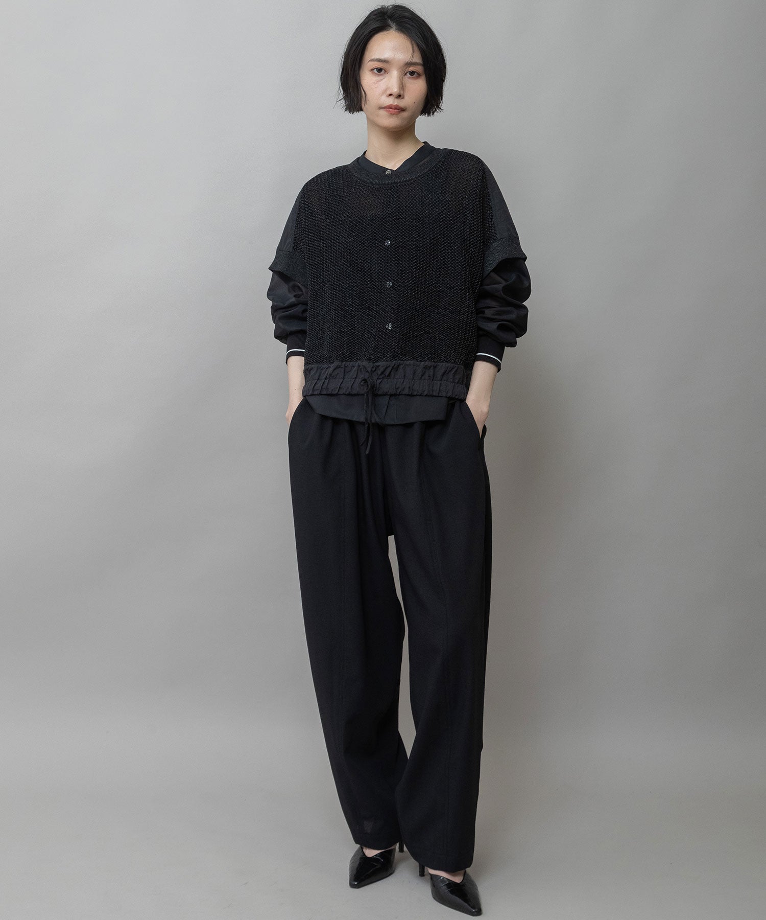 スカシ編みニット×タフタドッキングショートプルオーバー – Munich web