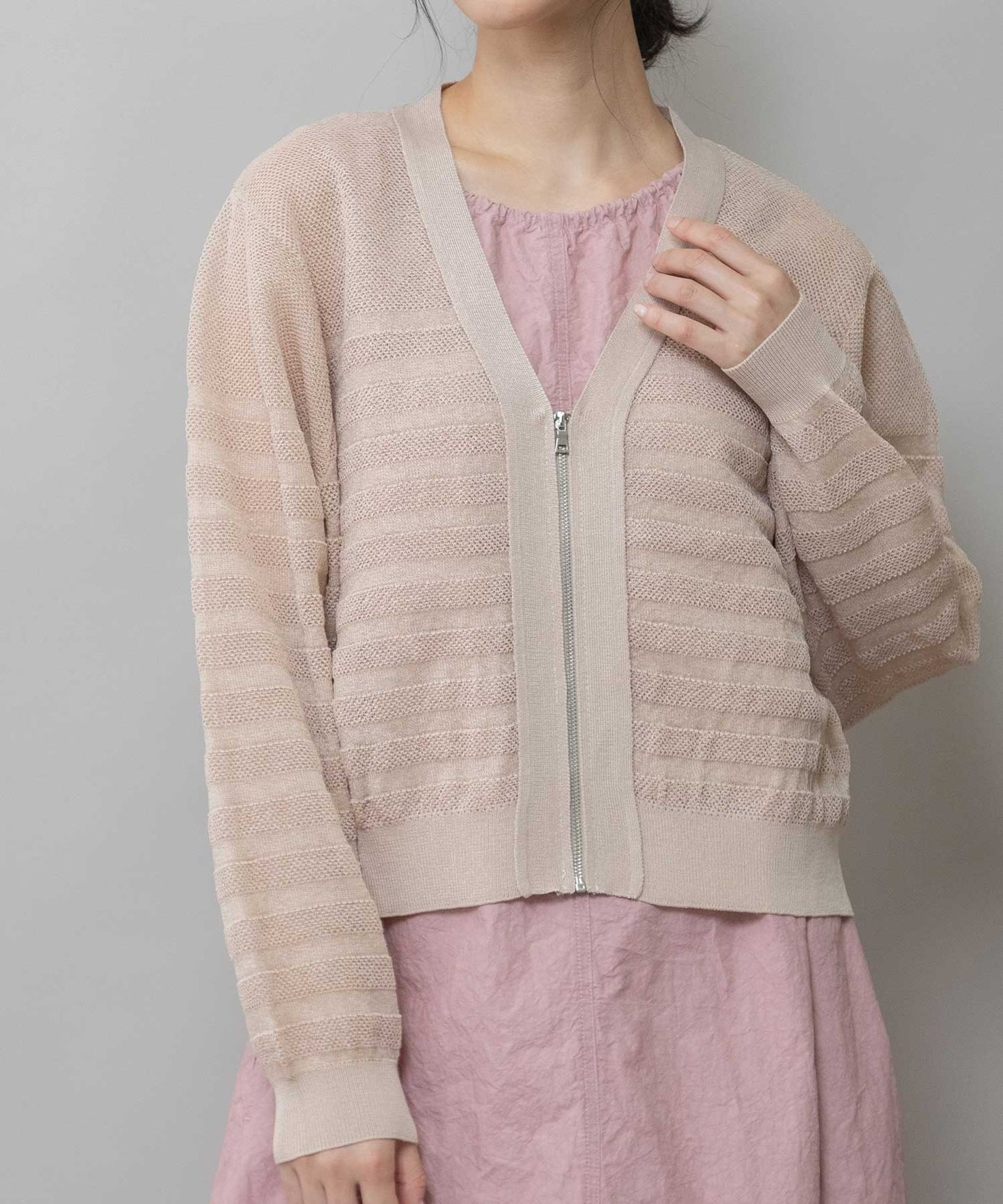 メッシュジャガードボーダーニットジップカーディガン