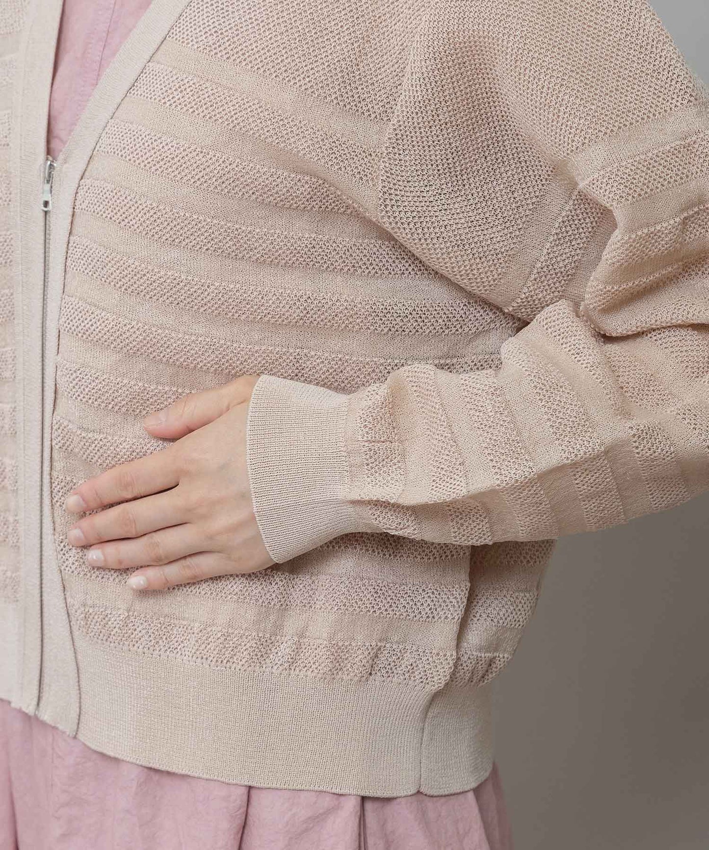 メッシュジャガードボーダーニットジップカーディガン