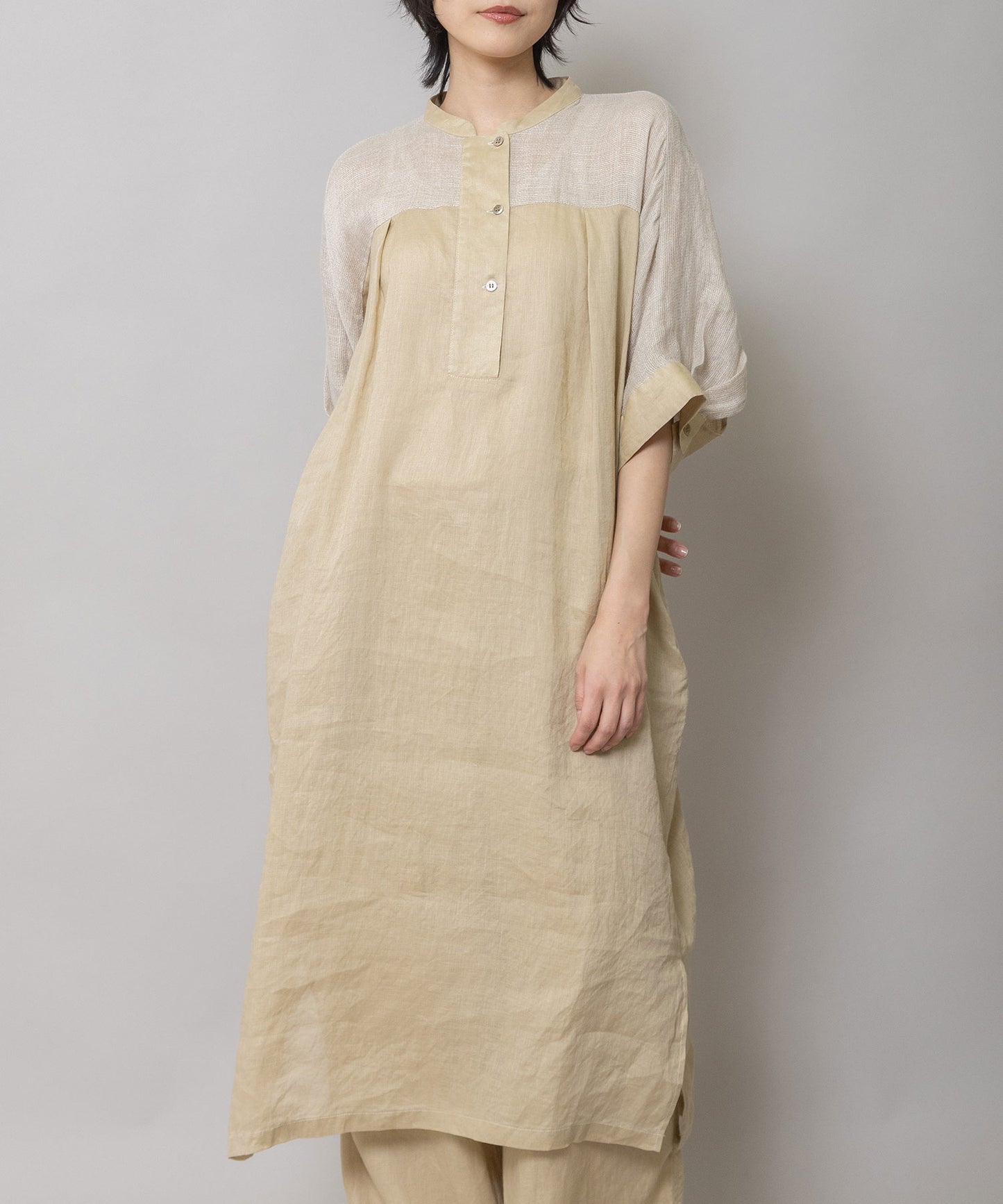 60sリネンキャンバス×40sリネンメッシュシャツワンピース