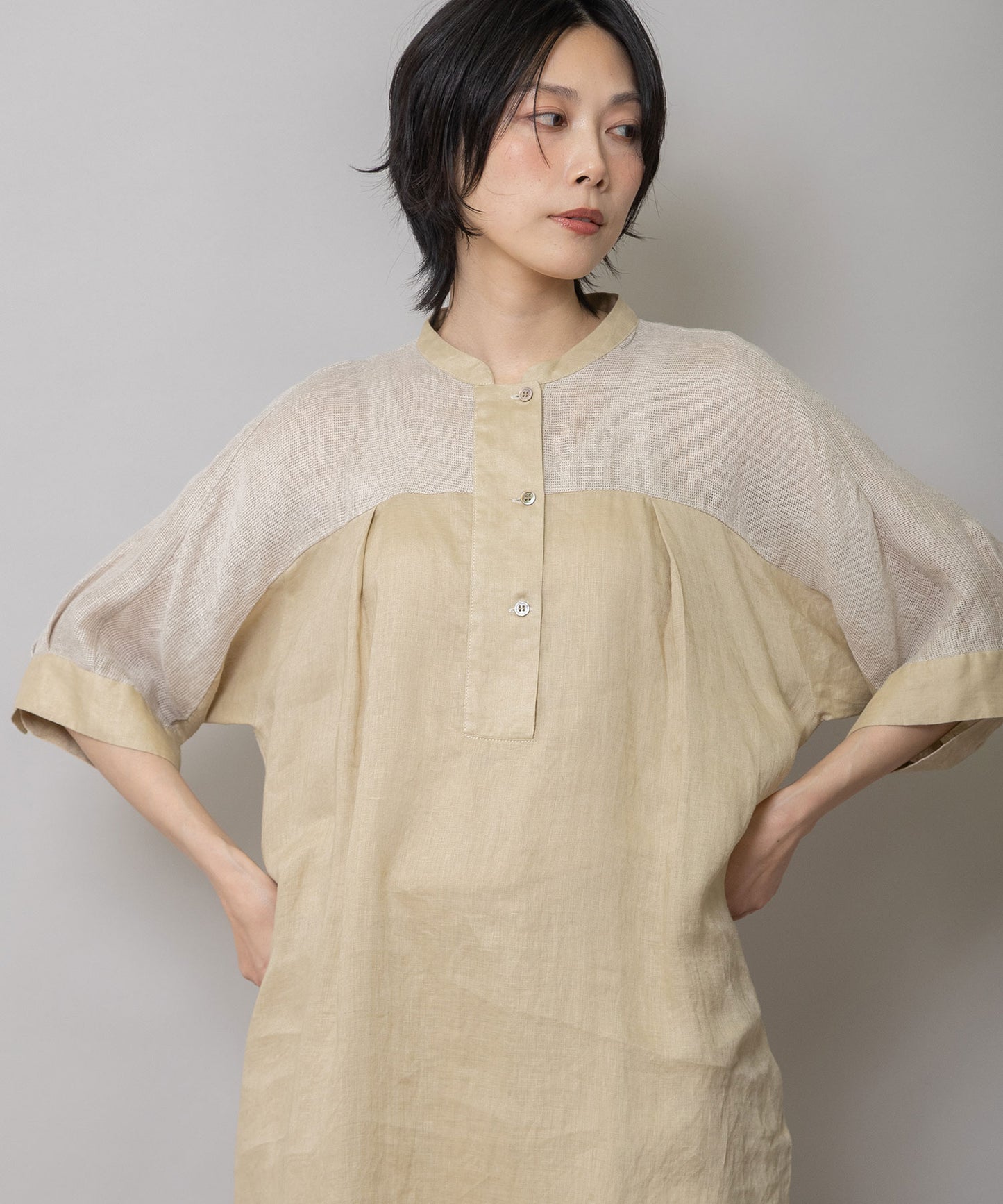 60sリネンキャンバス×40sリネンメッシュシャツワンピース