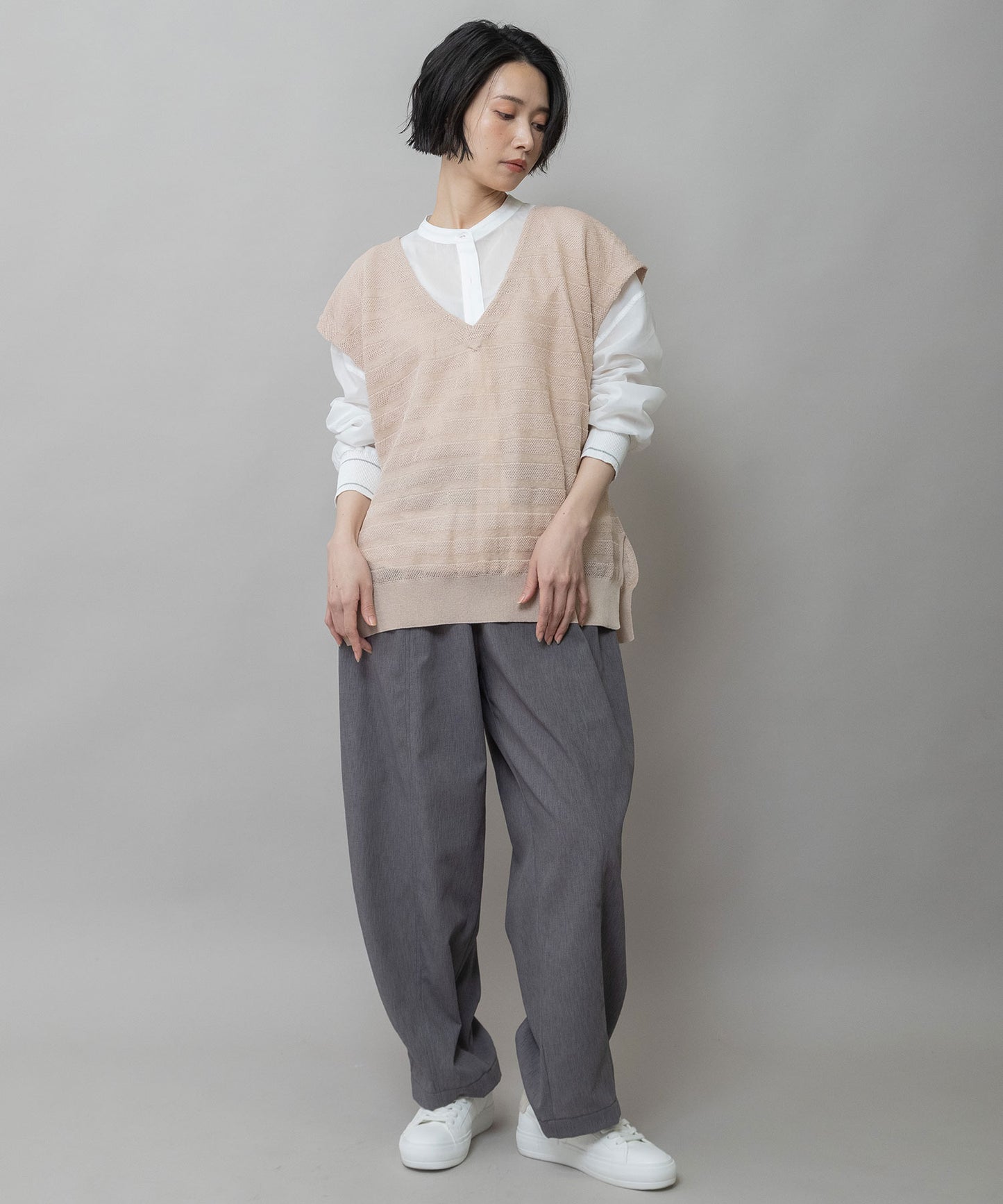 メッシュジャガードボーダーニットVネックスリーブレストップス