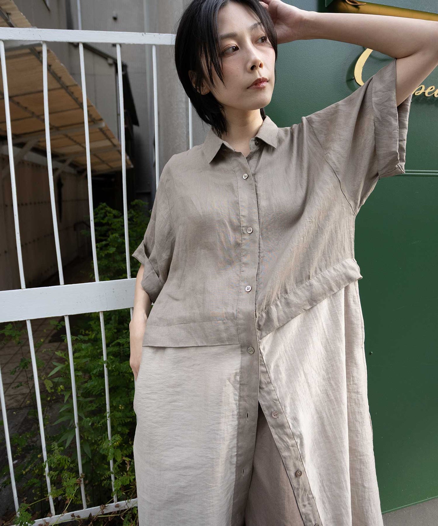 【吸水性】【発散性】60sフレンチリネン×シアーローンドッキングシャツワンピース