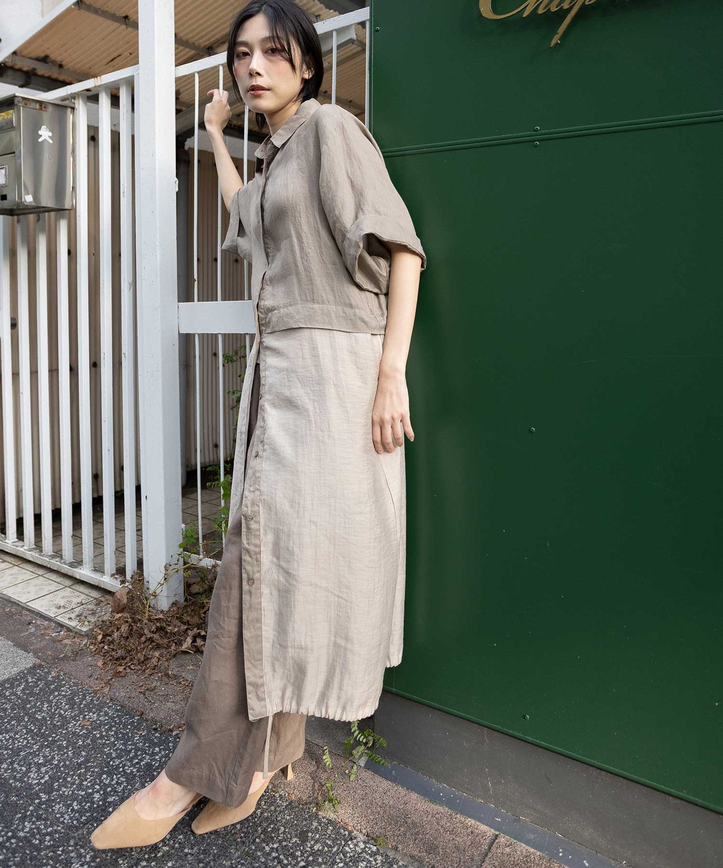 【吸水性】【発散性】60sフレンチリネン×シアーローンドッキングシャツワンピース
