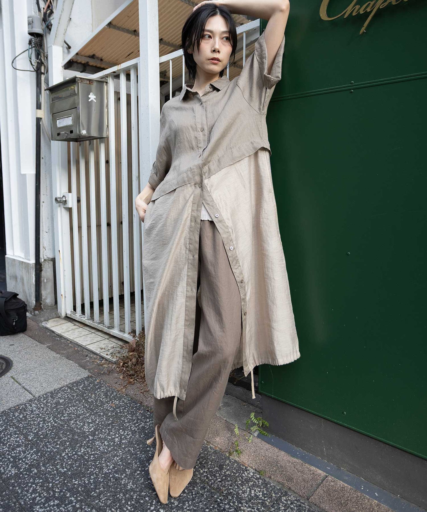 【吸水性】【発散性】60sフレンチリネン×シアーローンドッキングシャツワンピース