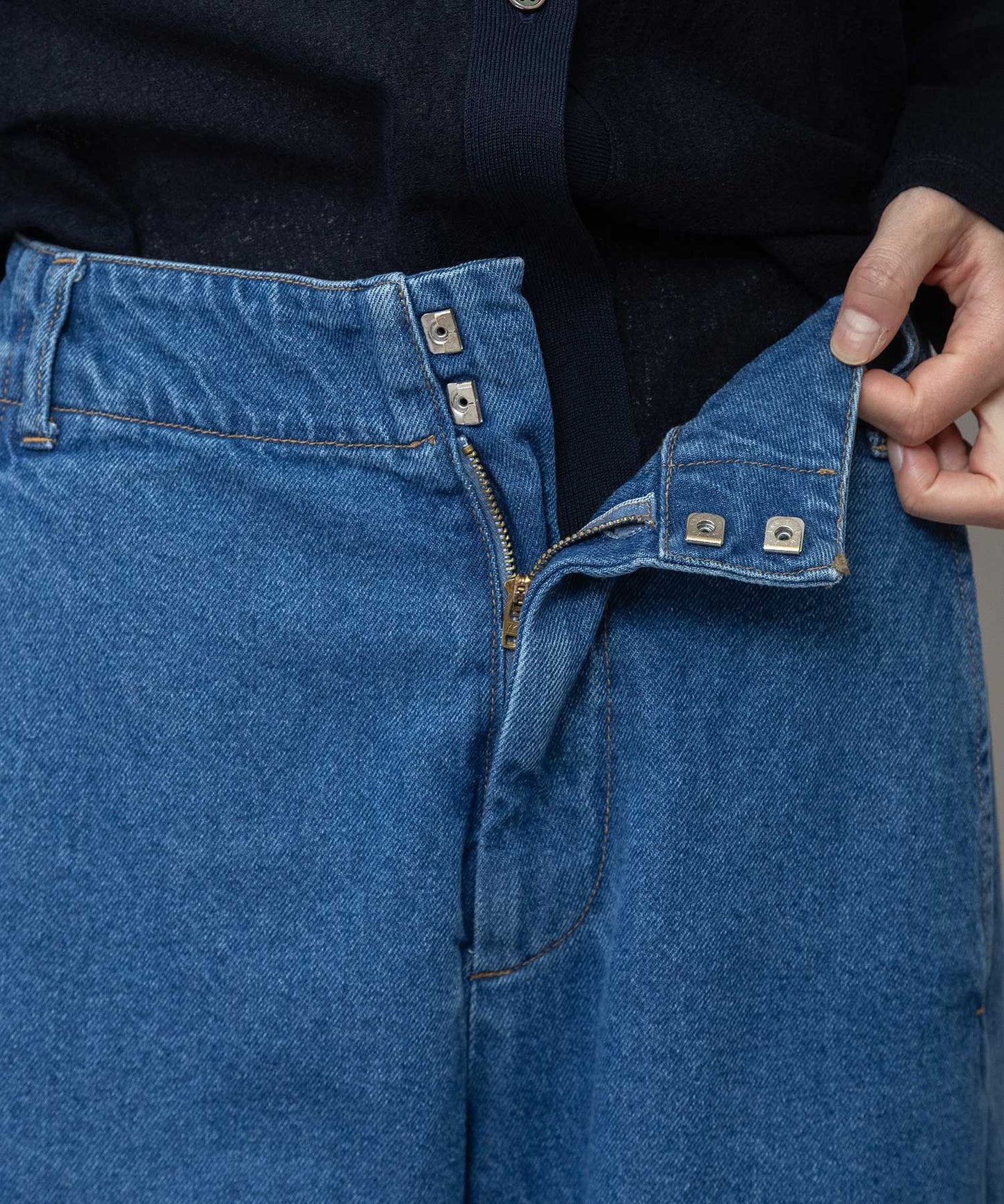 11ozオープンエンドデニム バレルパンツ