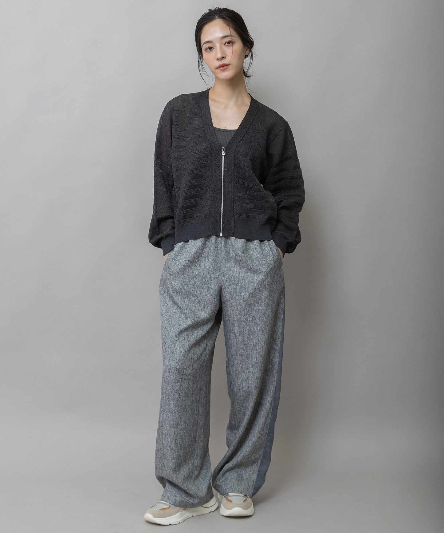 メッシュジャガードボーダーニットジップカーディガン