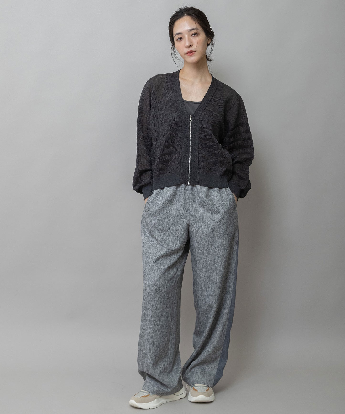 【ウォッシャブル】【防シワ】ツイード調ツイル×メッシュサイドストライプパンツ