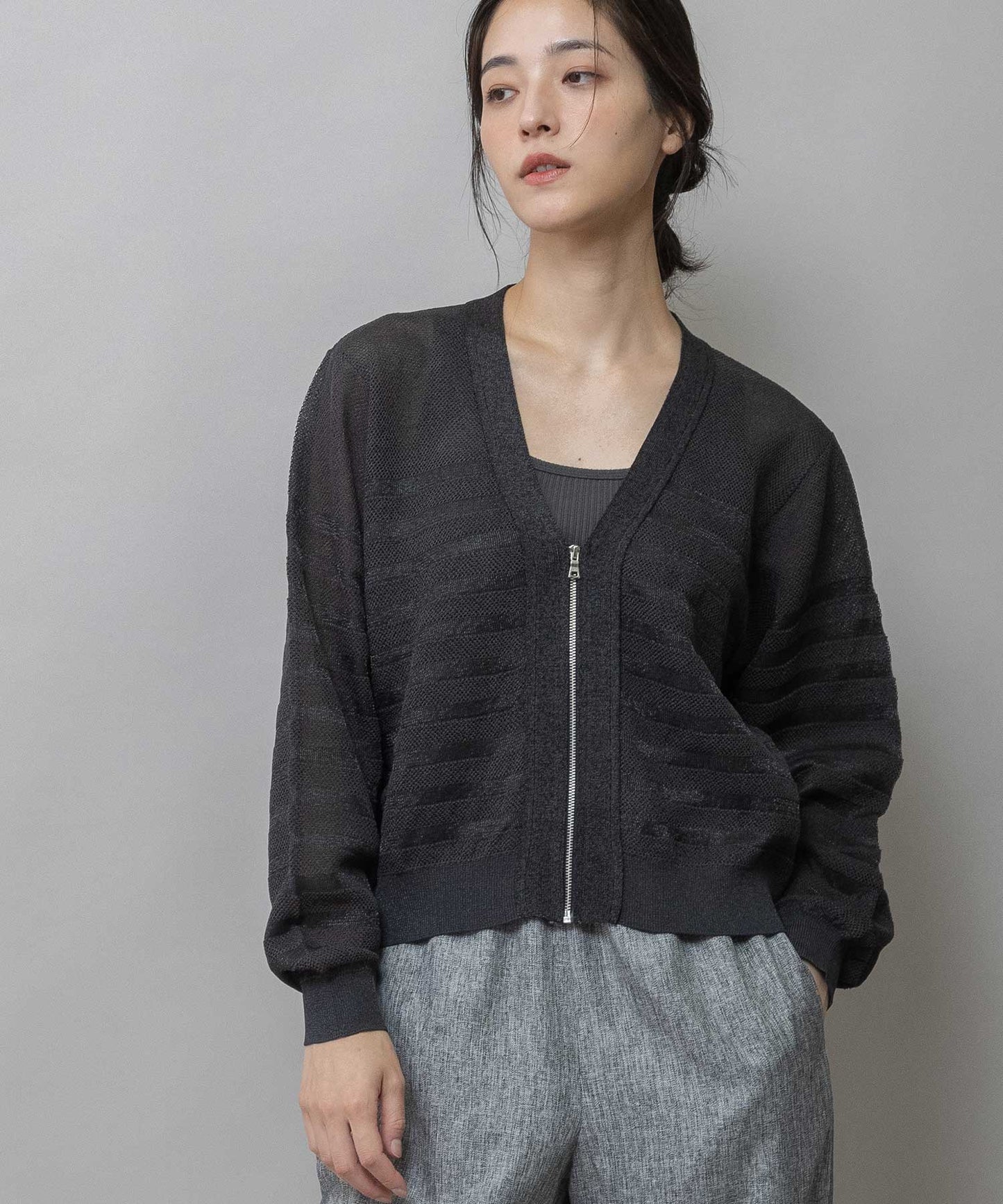 メッシュジャガードボーダーニットジップカーディガン
