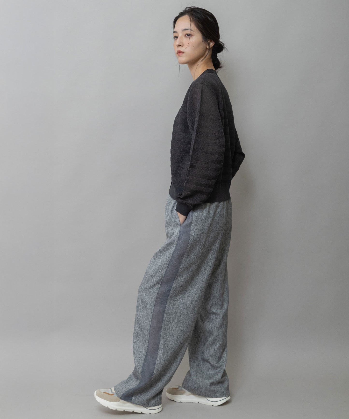 【ウォッシャブル】【防シワ】ツイード調ツイル×メッシュサイドストライプパンツ