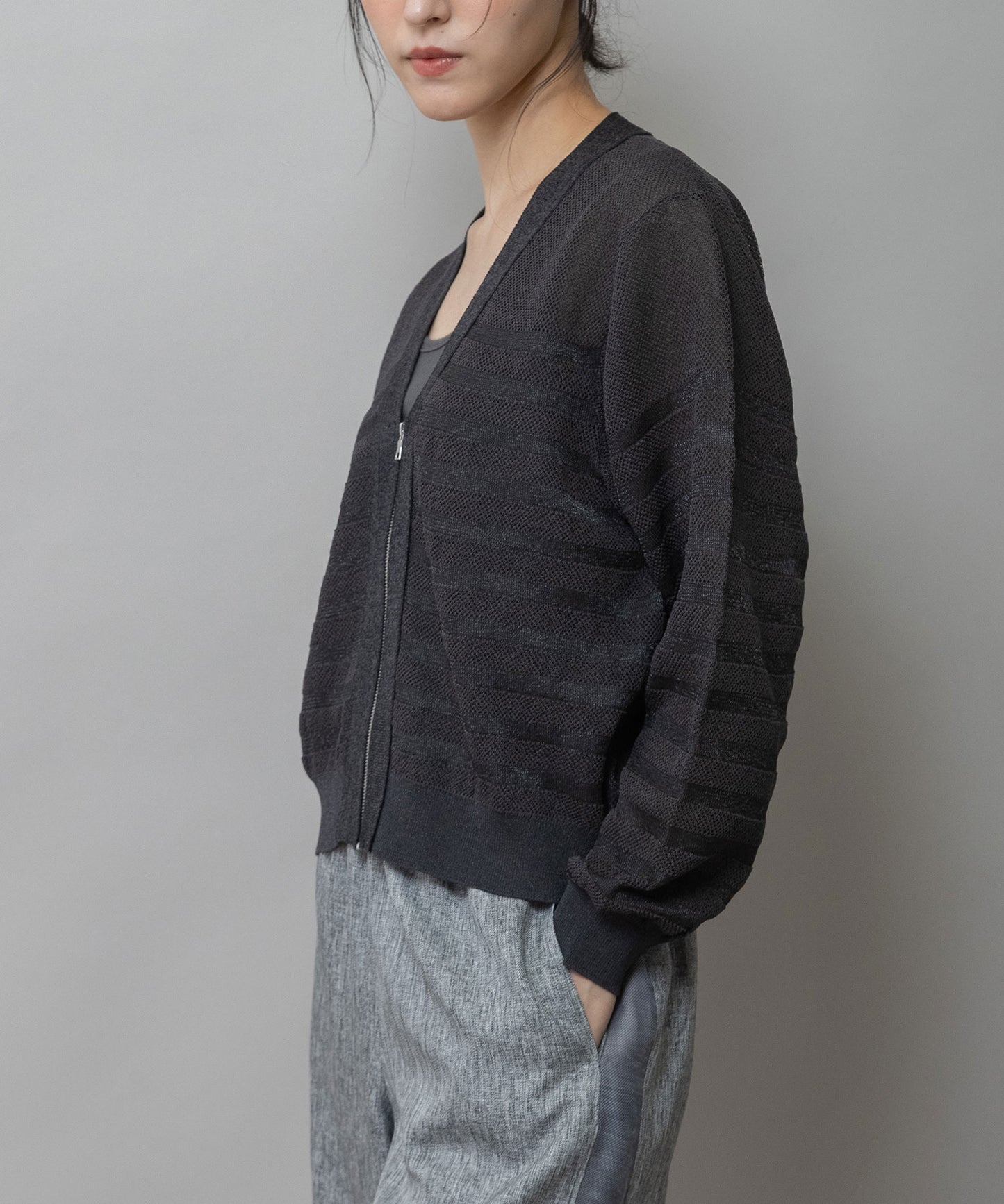 メッシュジャガードボーダーニットジップカーディガン