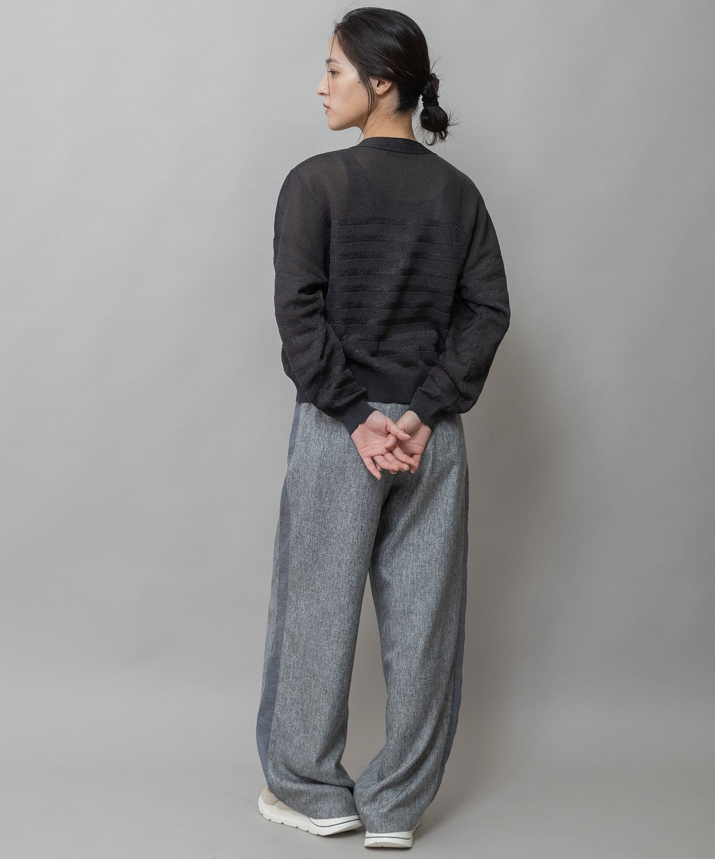 【ウォッシャブル】【防シワ】ツイード調ツイル×メッシュサイドストライプパンツ