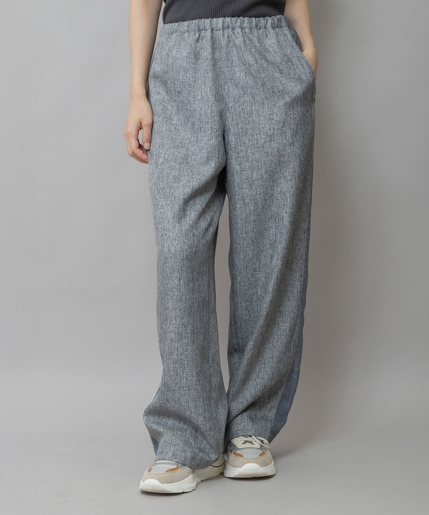 【ウォッシャブル】【防シワ】ツイード調ツイル×メッシュサイドストライプパンツ