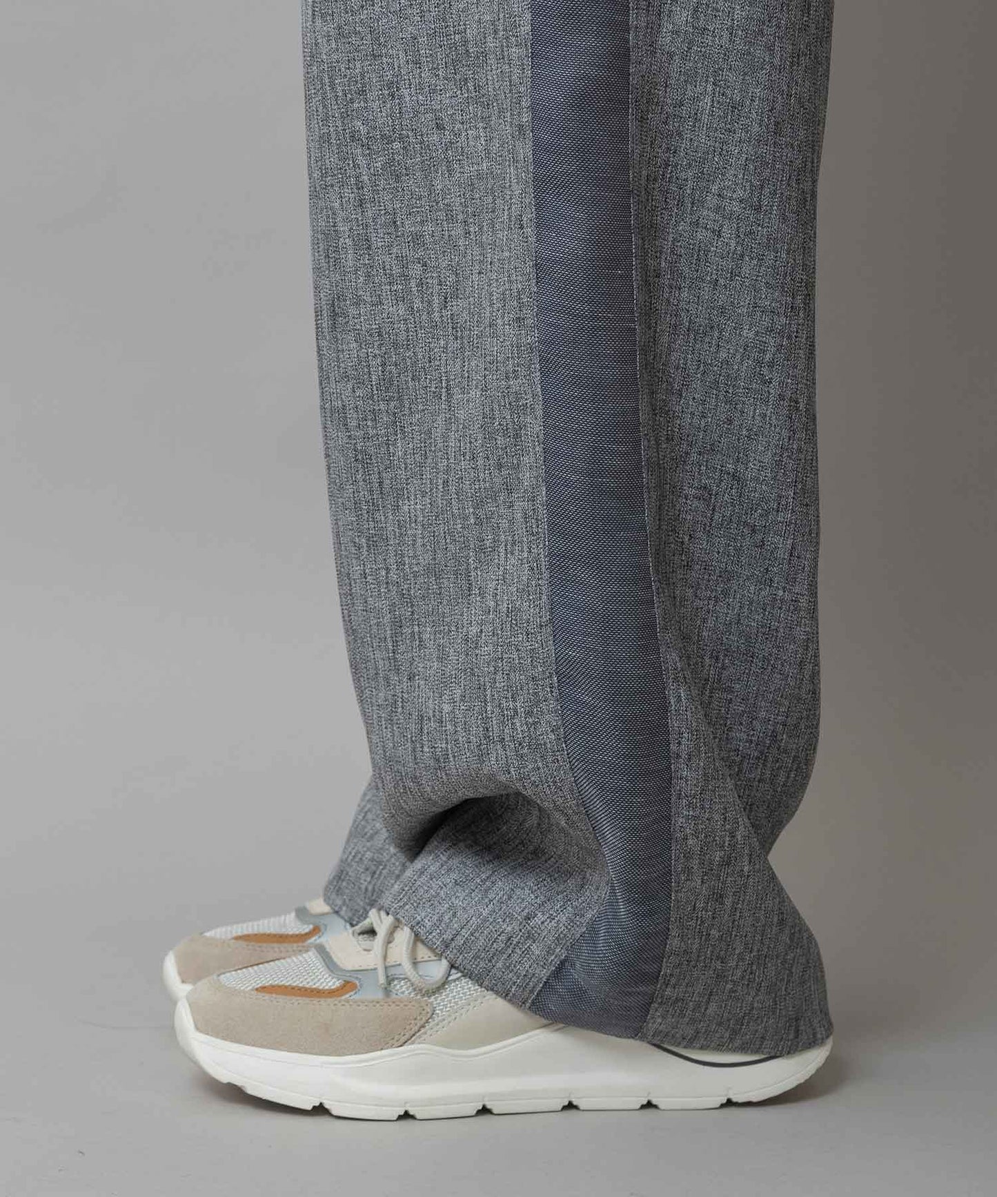 【ウォッシャブル】【防シワ】ツイード調ツイル×メッシュサイドストライプパンツ