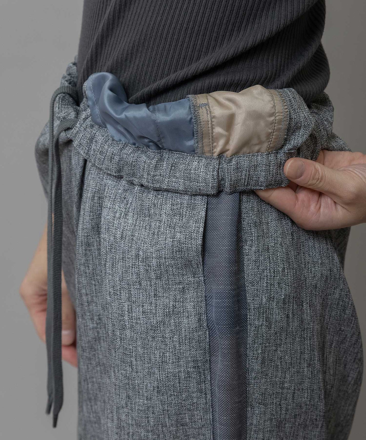 【ウォッシャブル】【防シワ】ツイード調ツイル×メッシュサイドストライプパンツ